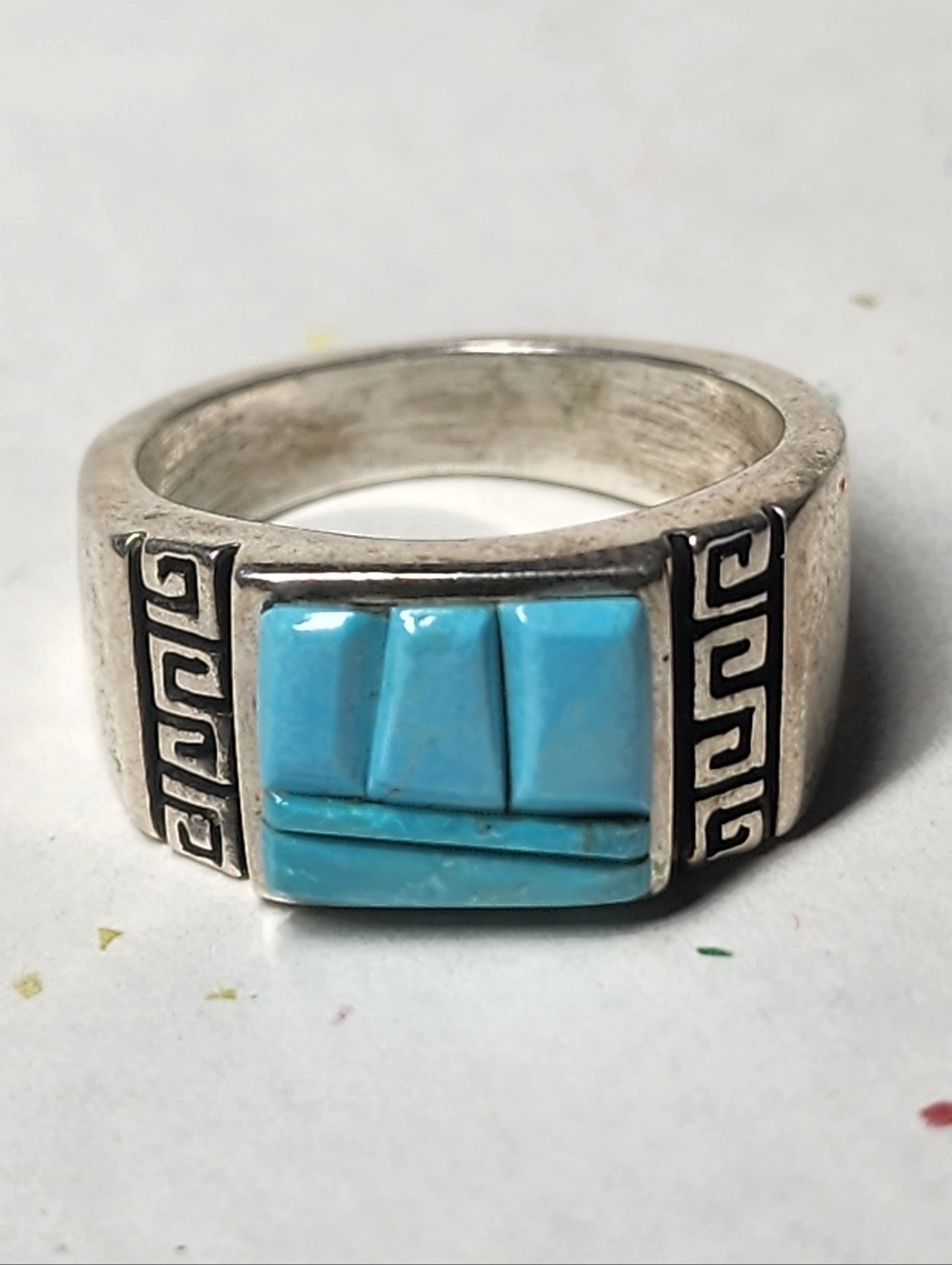 Sterling Silver Men's Scored Turquoise Inlay Southwestern Statement Ring